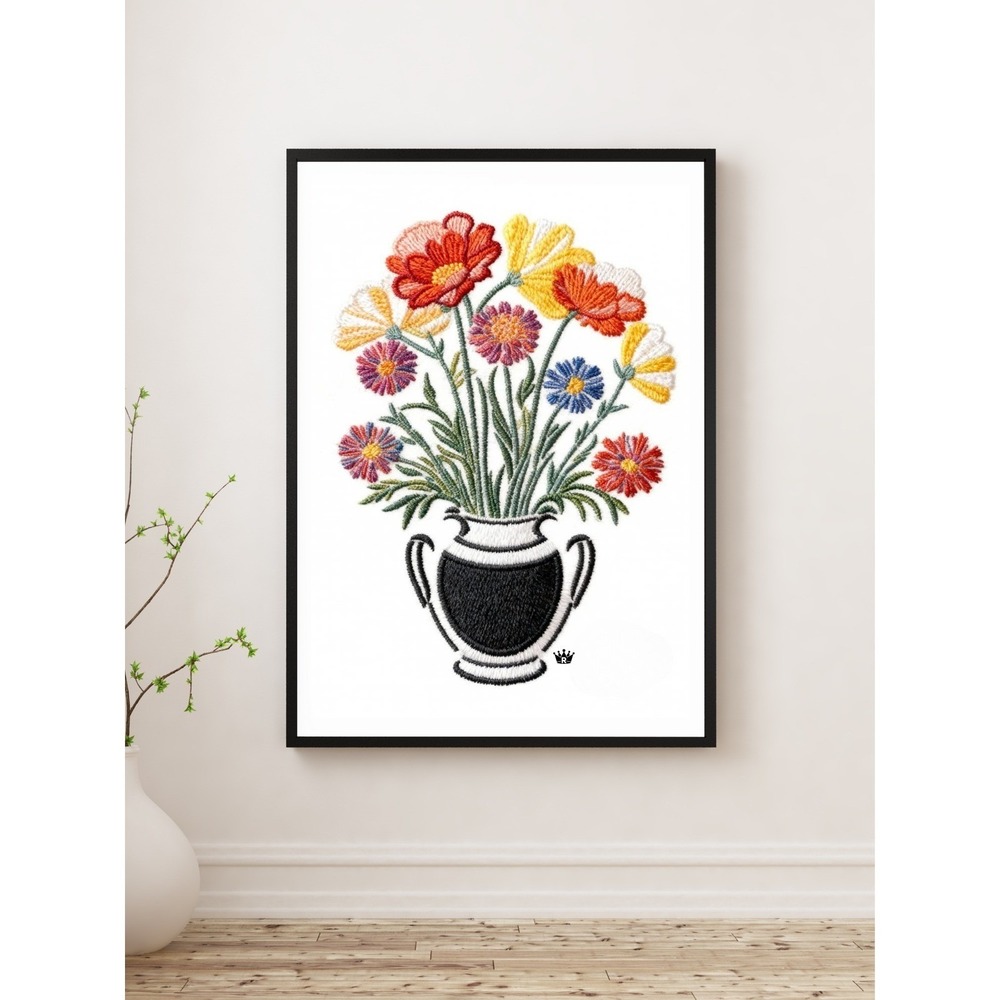 Embroidered‎ Floral Bouquet Art Print 12x16 Re-Print on Canvas Wall Art